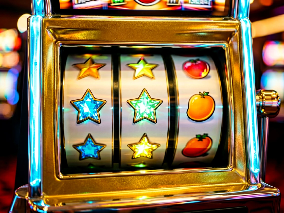 ရွှေရောင် slot စက်၏ reel သုံးခုတွင် ကြယ်ပွင့်နှင့် လိမ္မော်သီး သင်္ကေတများ အနီးကပ်မြင်ကွင်း