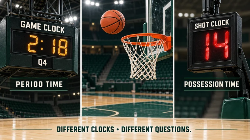 ဘတ်စကက်ဘောနှင့် ကွင်းအနားတွင် Game Clock2:18 ကို period time၊ Shot Clock14 ကို possession time ဟု ခွဲပြထားသောပုံ