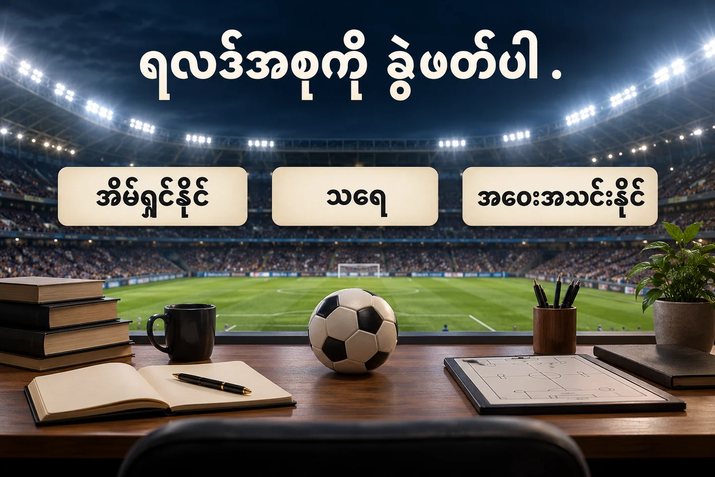 ဘောလုံးကွင်းနှင့် အိမ်ရှင်၊ သရေ၊ အဝေးအသင်းရလဒ် သုံးမျိုးကို ပြထားပုံ
